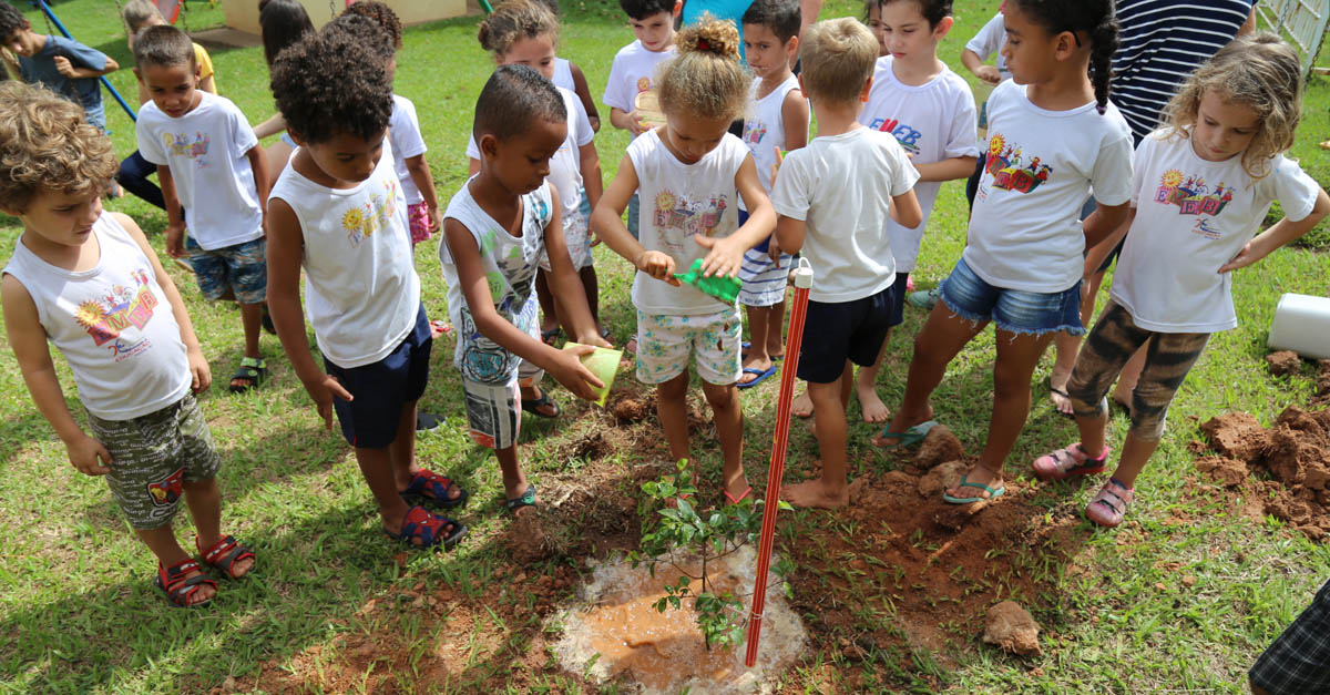 孩子们聚集在一棵新种植的树周围，这是“果树101”创新教育计划的一部分，目的是在校园里创建果园