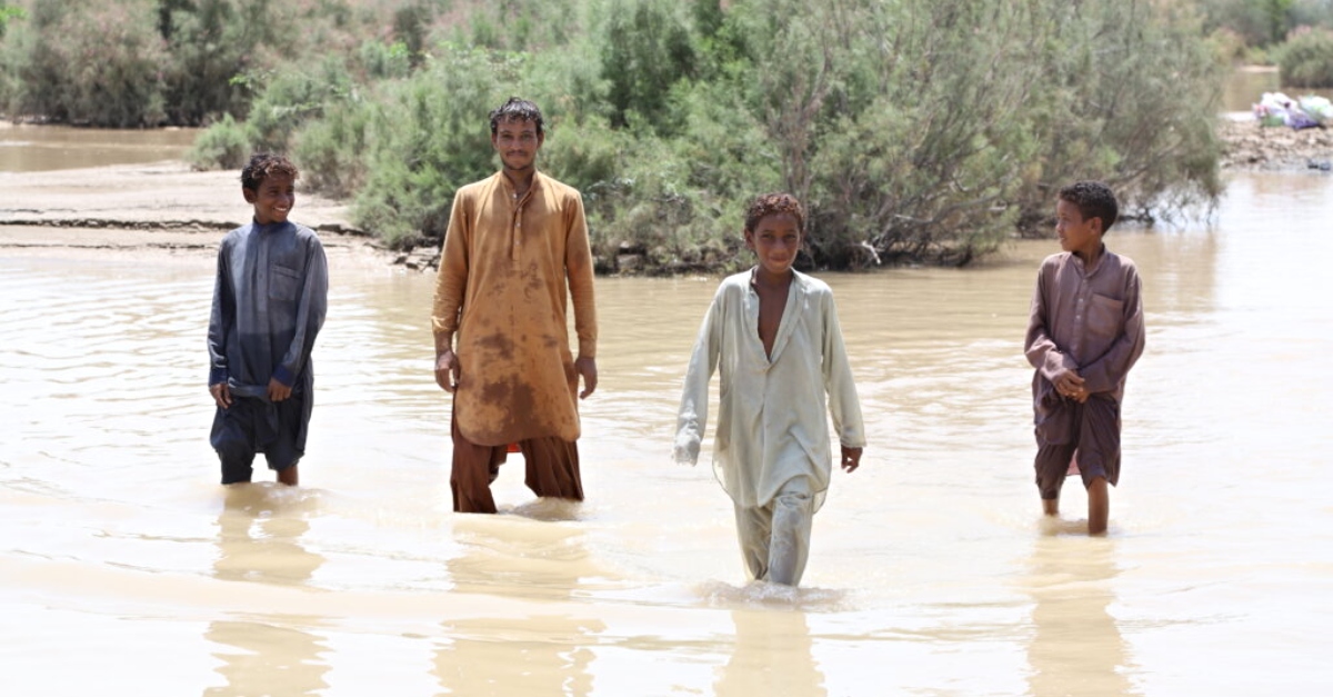 四个男孩站在巴基斯坦洪水中棕色及膝的水里。背景是小灌木。