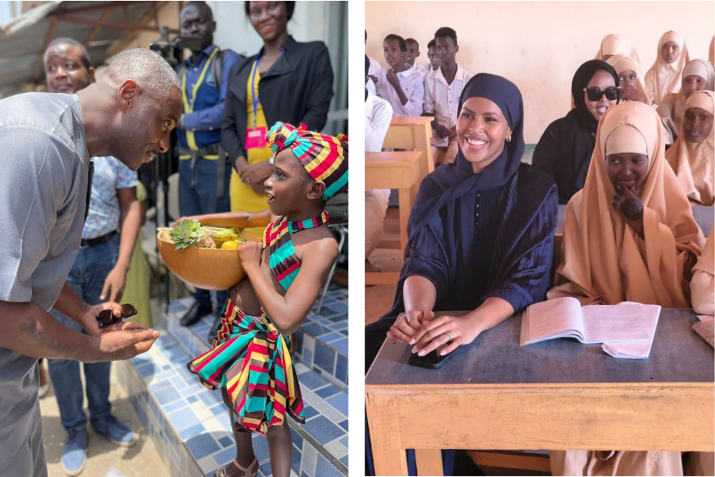 演员伊德里斯·艾尔巴在玫瑰国际基金会的学校早餐项目中受到一名学生的欢迎。模特兼农发基金亲善大使Sabrina Dhowre Elba加入索马里希望学院的教室。