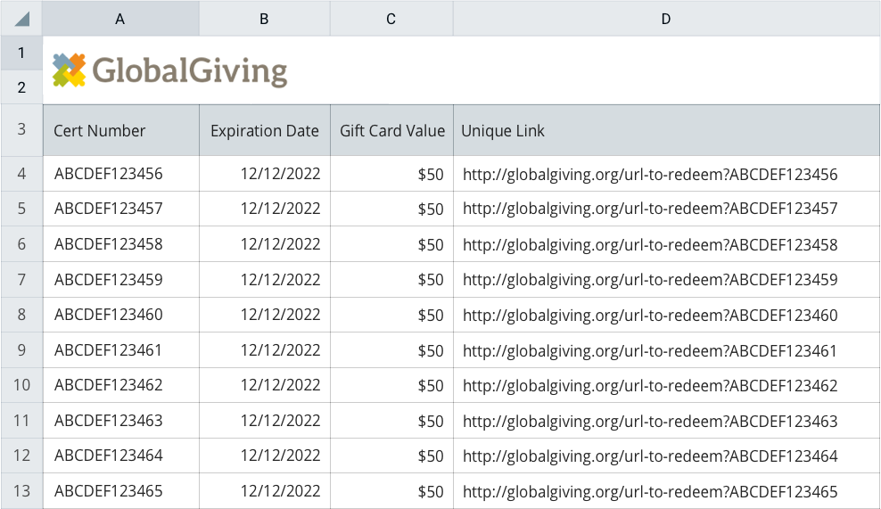 礼品卡兑换代码的电子表格示例