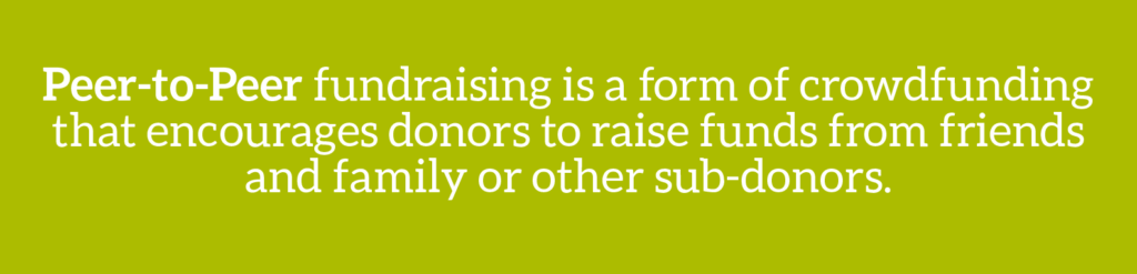 公益营销术语:点对点筹款是一种鼓励捐赠者从朋友、家人或其他次级捐赠者那里筹集资金的众筹形式。
